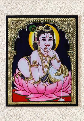 Little Krishna Seated On Lotus Pedestal Tanjore Painting