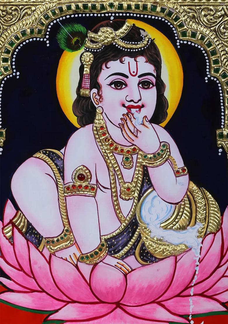 Little Krishna Seated On Lotus Pedestal Tanjore Painting