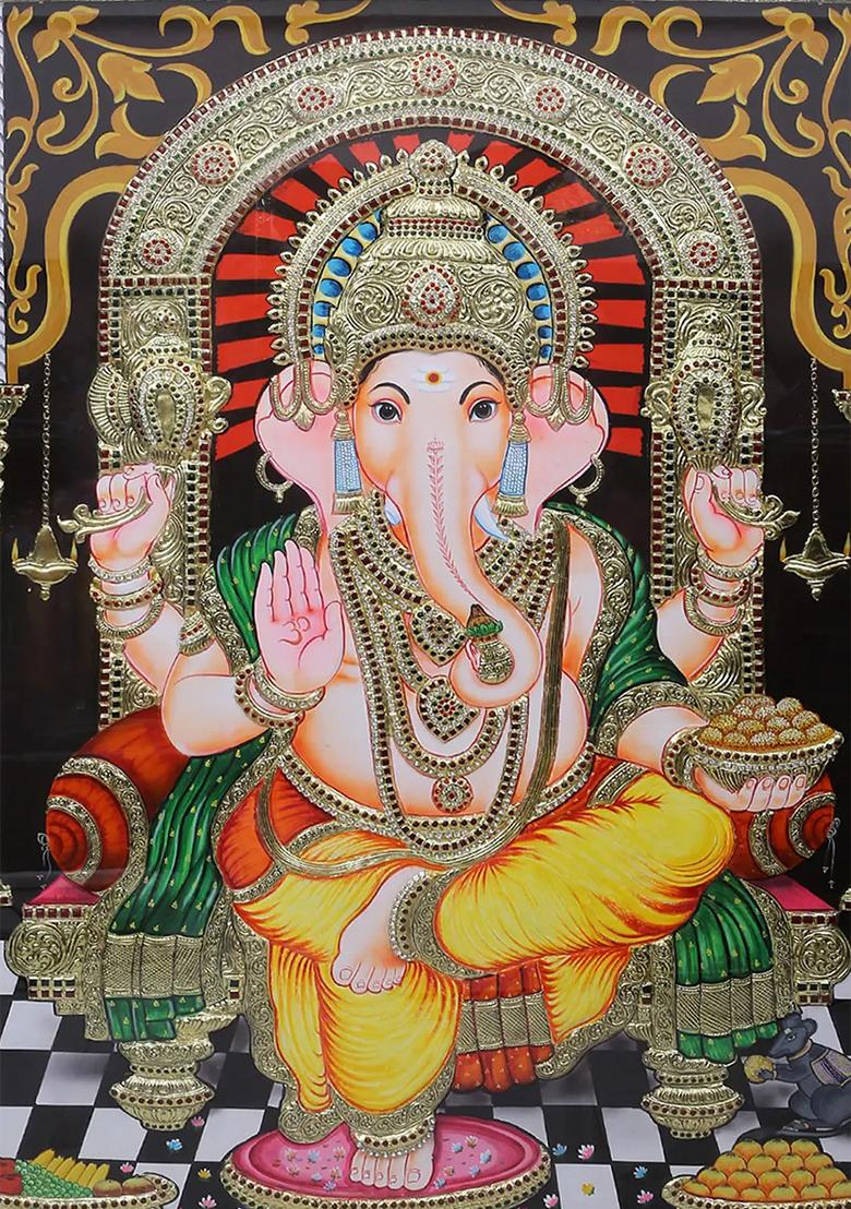 Sitting Lord Ganesha Tanjore Painting