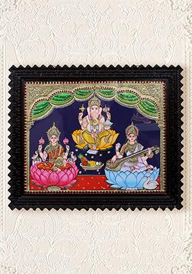 Lord Ganesha With Goddess Lakshmi And Saraswati Tanjore Painting