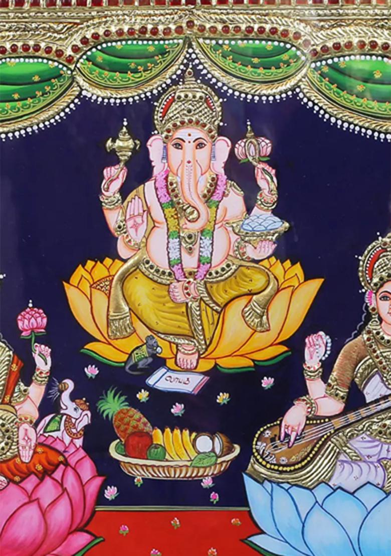 Lord Ganesha With Goddess Lakshmi And Saraswati Tanjore Painting