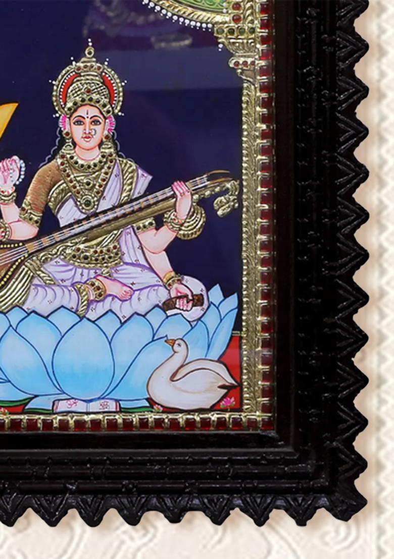 Lord Ganesha With Goddess Lakshmi And Saraswati Tanjore Painting