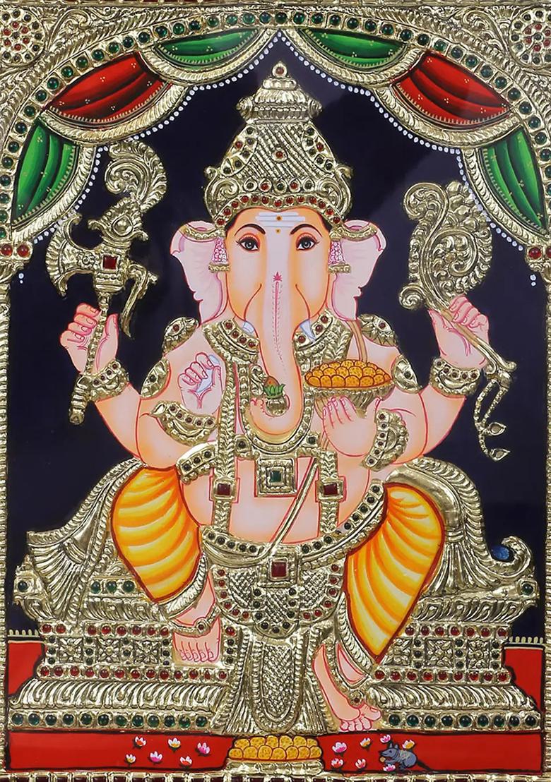 Sitting Lord Ganapati Tanjore Painting