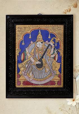 Devi Saraswati Seated Tanjore Painting