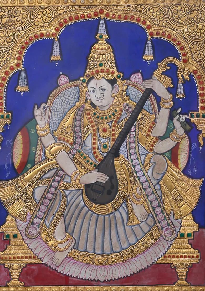 Devi Saraswati Seated Tanjore Painting