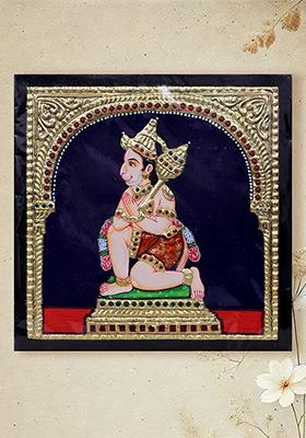 Sitting Lord Hanuman In Namaskar Mudra Tanjore Painting