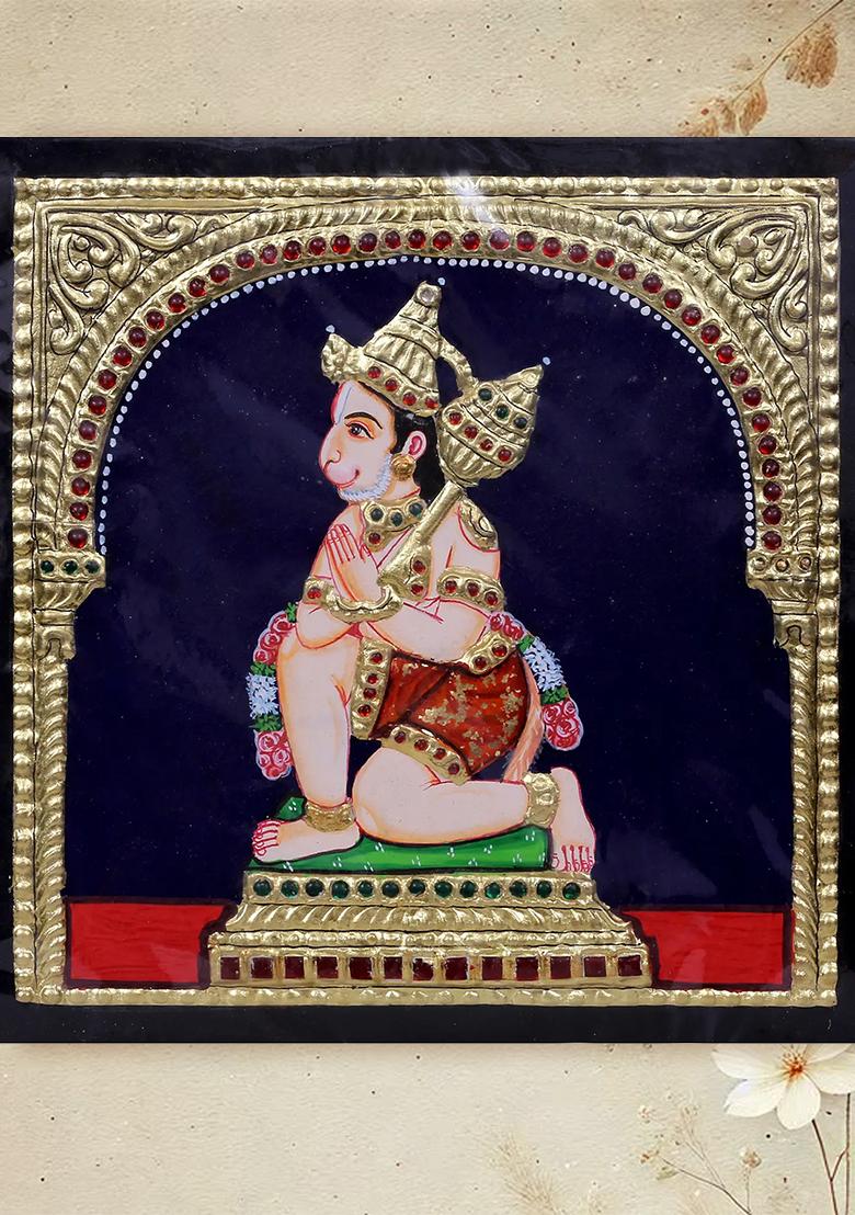 Sitting Lord Hanuman In Namaskar Mudra Tanjore Painting