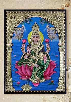 Goddess Gajalakshmi Seated On Lotus Tanjore Painting