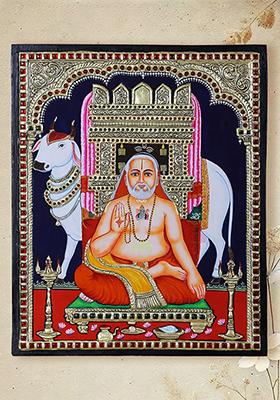 Guru Raghavendra Swami With Cow Tanjore Painting