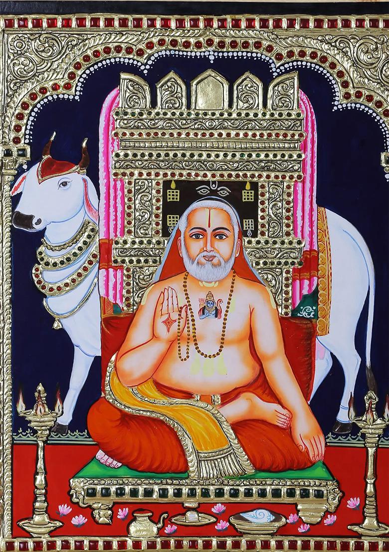 Guru Raghavendra Swami With Cow Tanjore Painting