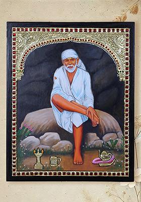 Lord Sai Baba Seated On Rock Tanjore Painting