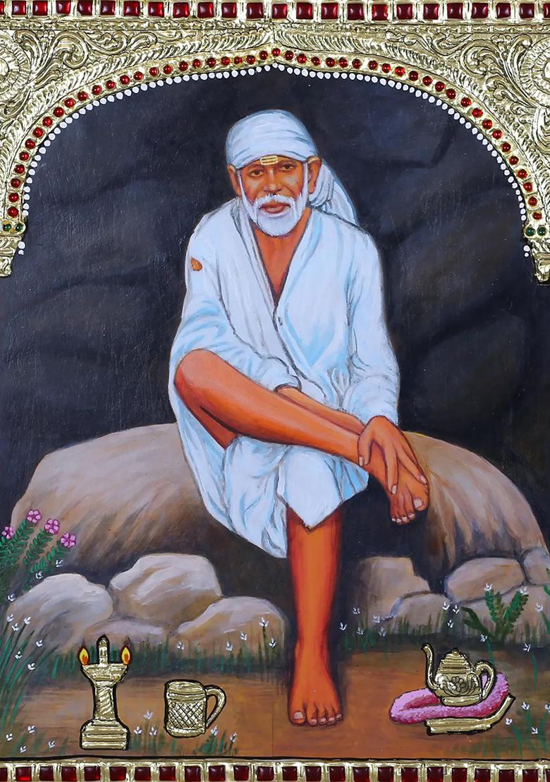 Lord Sai Baba Seated On Rock Tanjore Painting