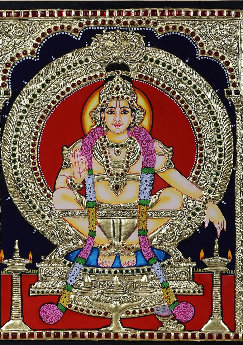 Lord Ayyappan Seated On Pedestal Tanjore Painting