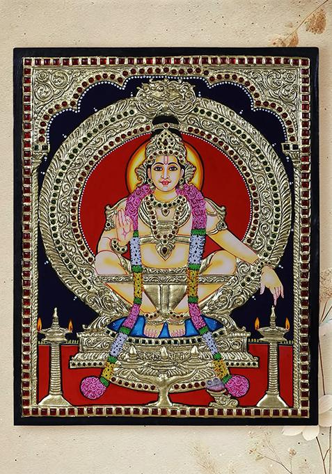 Lord Ayyappan Seated On Pedestal Tanjore Painting