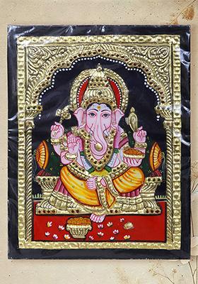 Lord Vinayak Seated On Pedestal Tanjore Painting