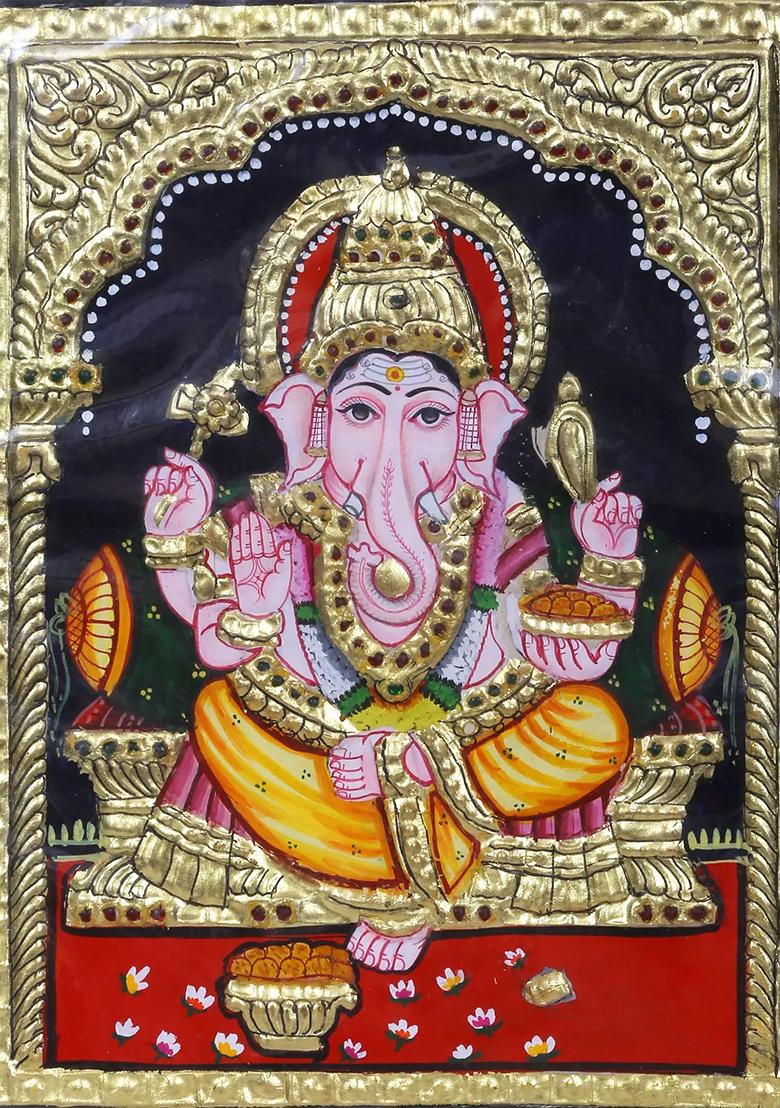 Lord Vinayak Seated On Pedestal Tanjore Painting