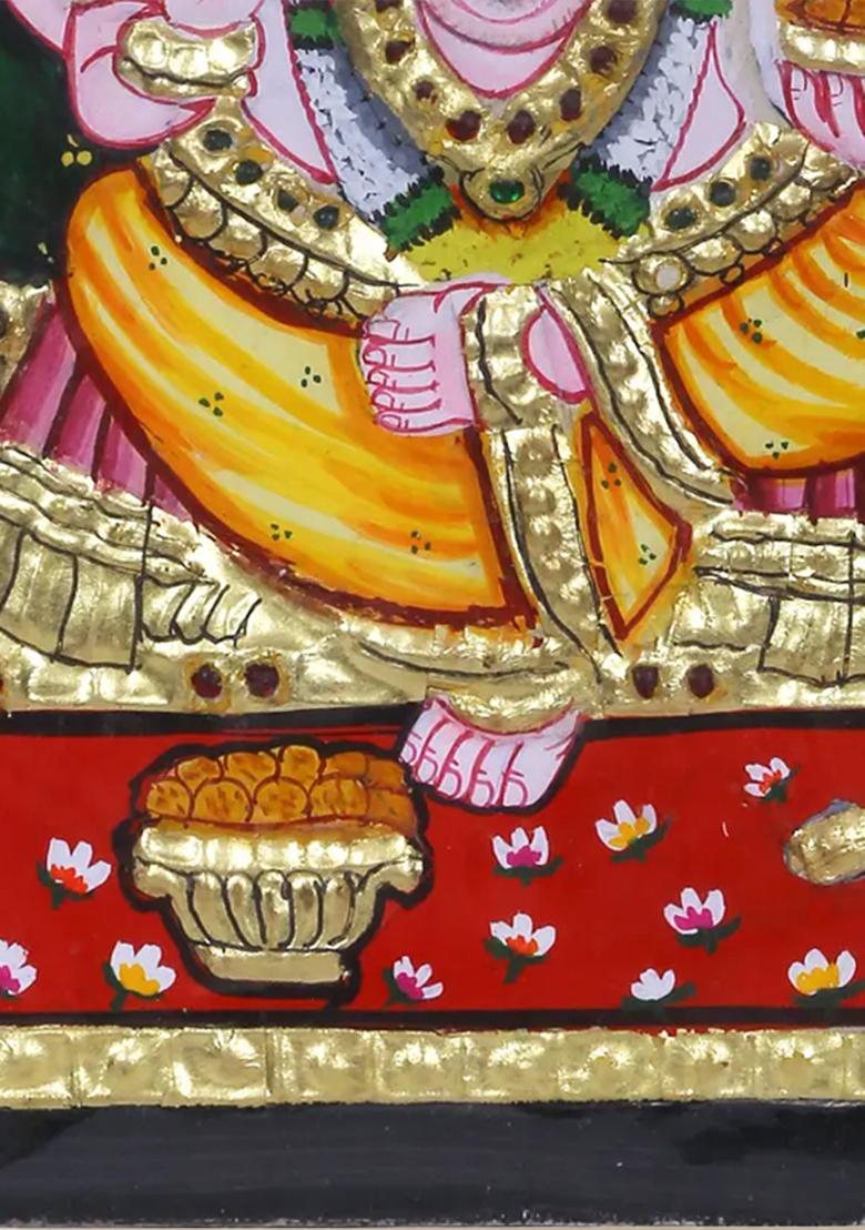 Lord Vinayak Seated On Pedestal Tanjore Painting