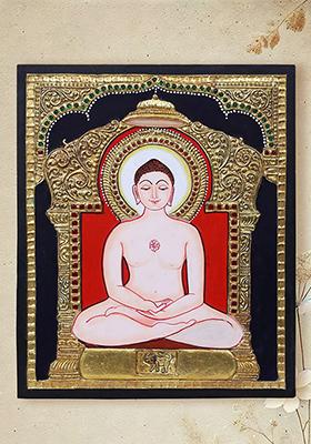 Sitting Lord Mahavir In Dhyan Mudra Tanjore Painting