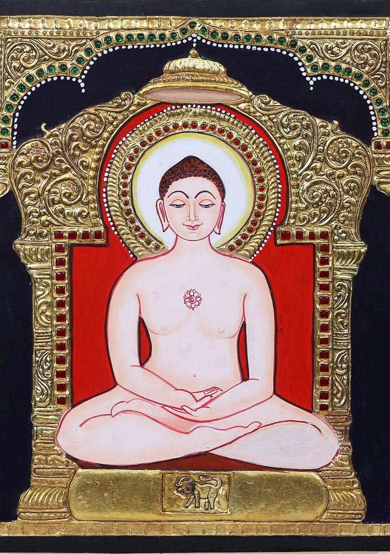 Sitting Lord Mahavir In Dhyan Mudra Tanjore Painting