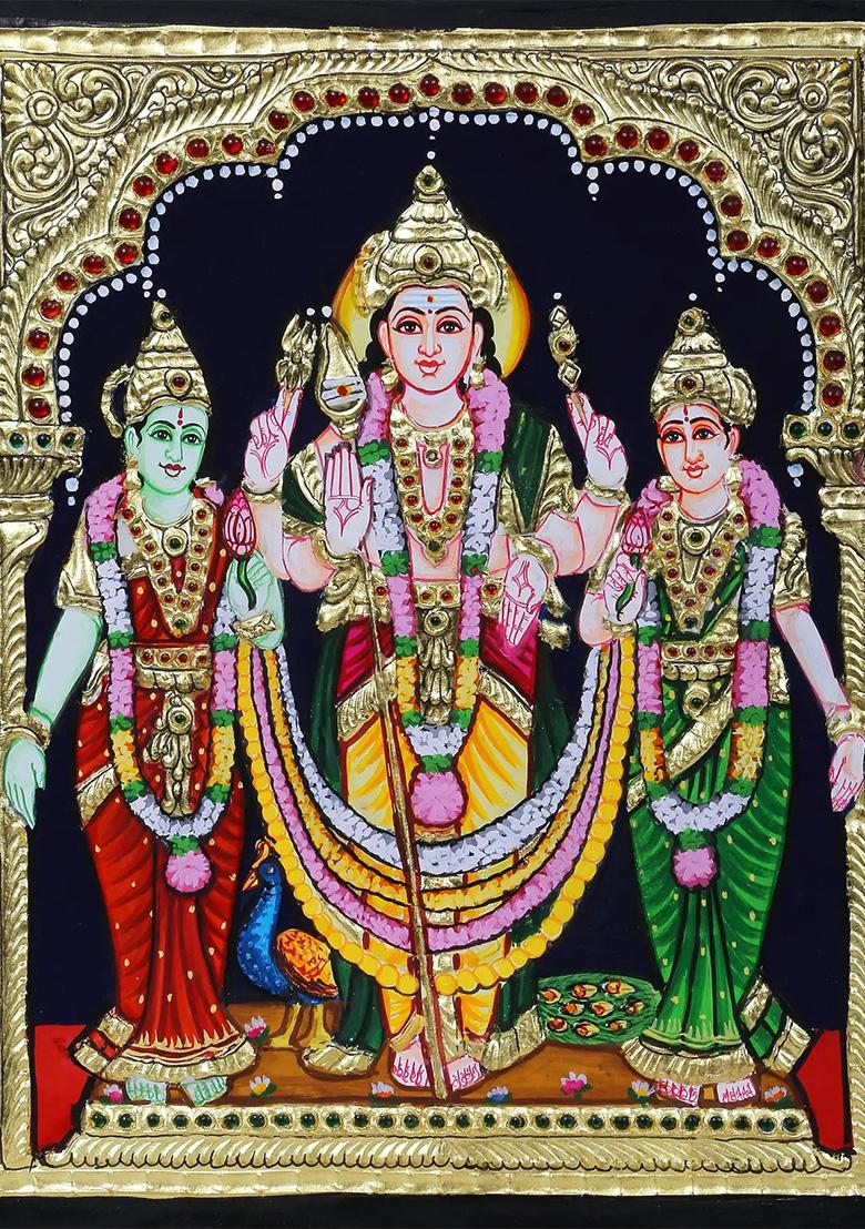 Lord Kikeya With Devasena Valli Tanjore Painting