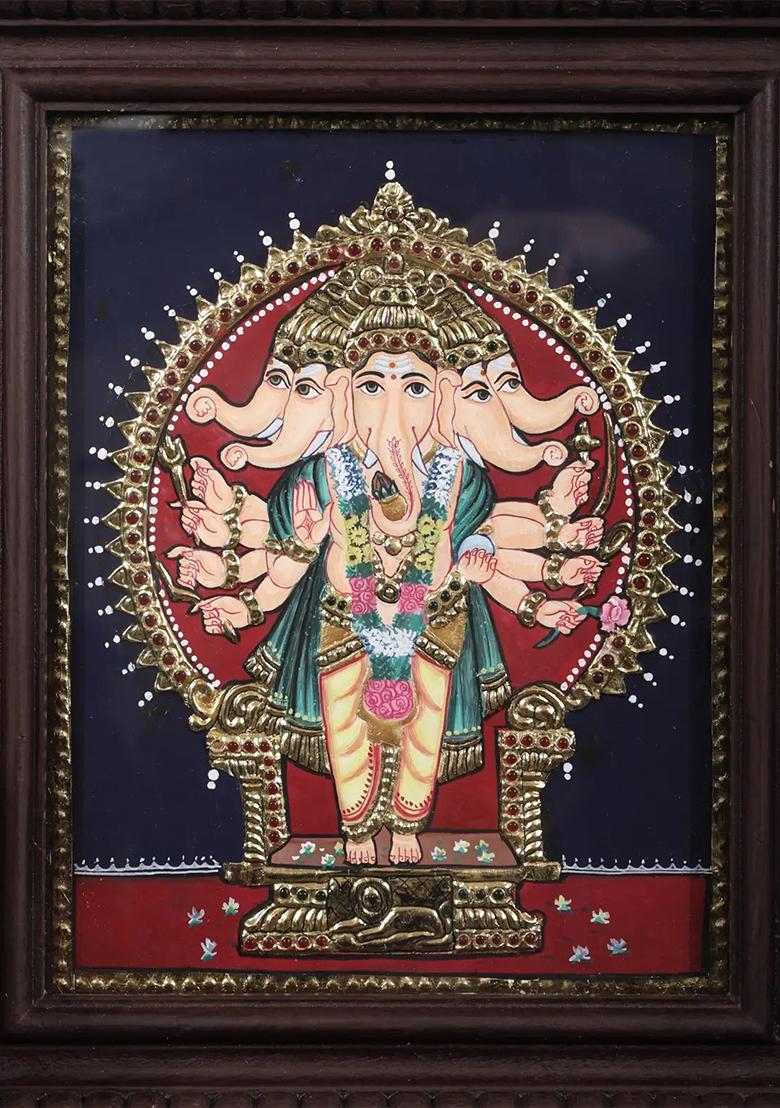 Standing Panchmukhi Lord Ganesha Tanjore Painting