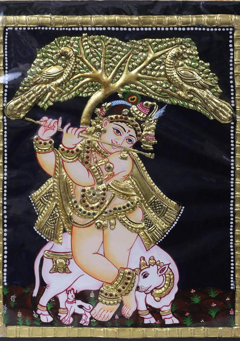 Lord Krishna Playing Bansuri With Cow Tanjore Painting