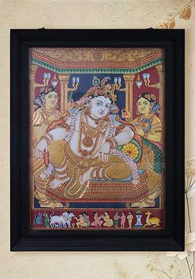 Resting Lord Krishna Tanjore Painting 24K Gold
