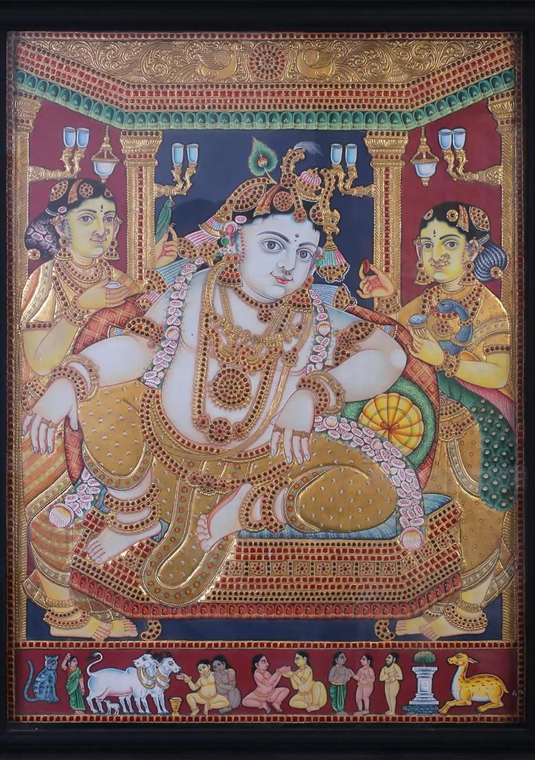 Resting Lord Krishna Tanjore Painting 24K Gold