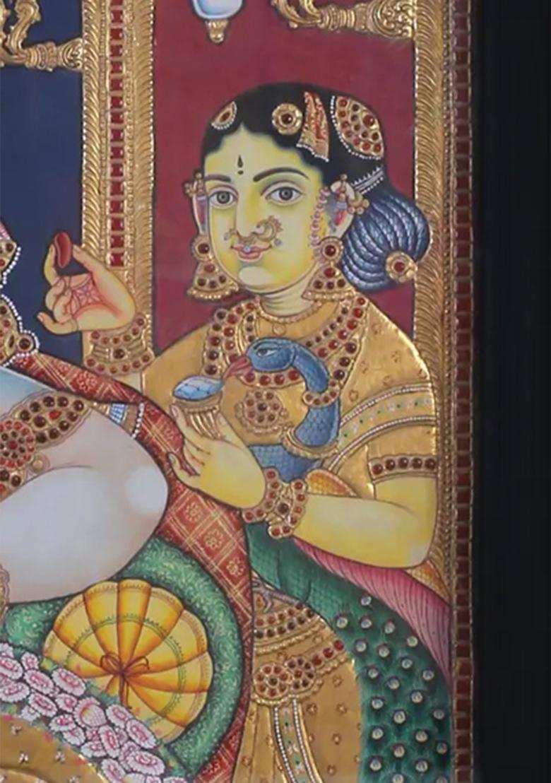 Resting Lord Krishna Tanjore Painting 24K Gold