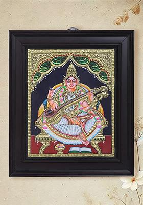 Goddess Saraswati Tanjore Painting 24K Gold
