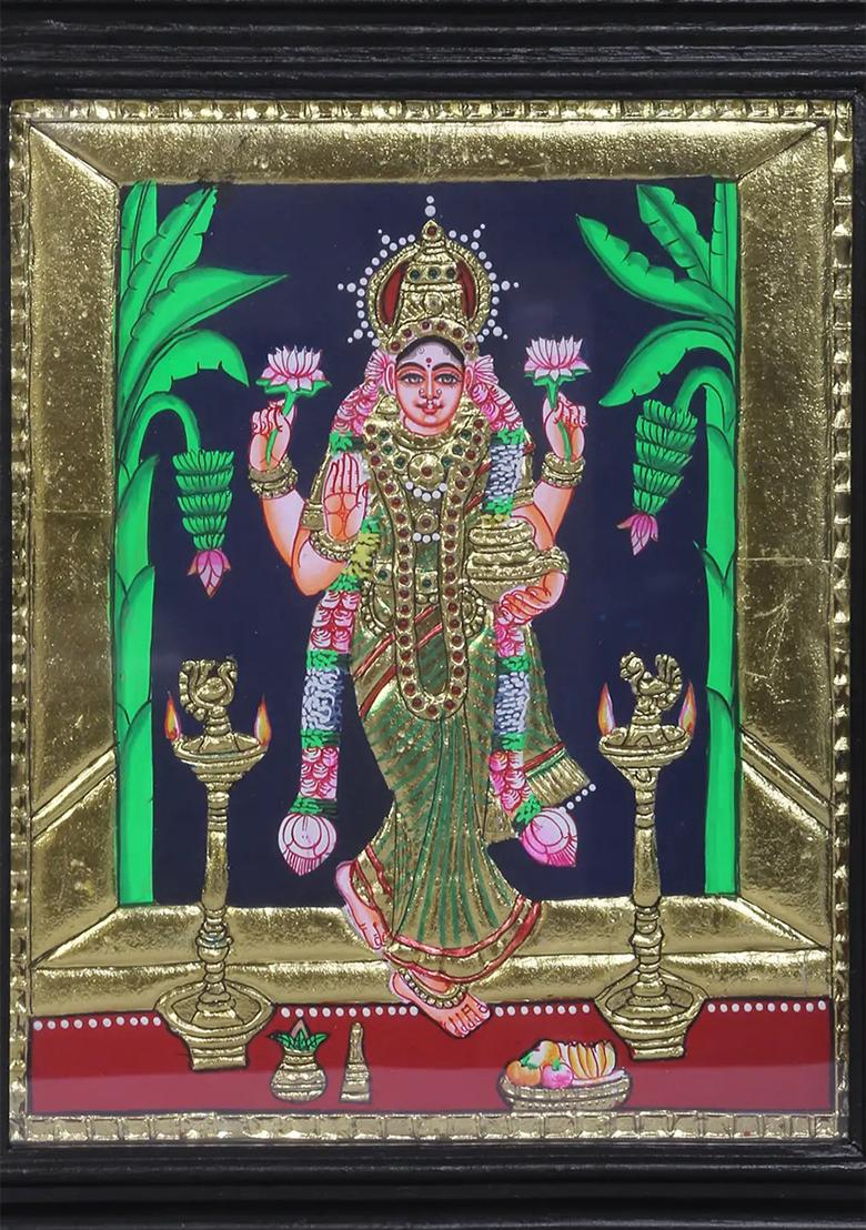 Standing Devi Lakshmi Tanjore Painting 24K Gold