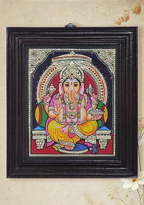 Lord Ganesha Seated On Singhasan Tanjore Painting 24K Gold