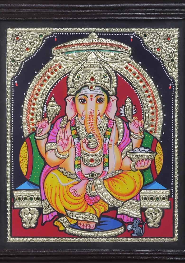 Lord Ganesha Seated On Singhasan Tanjore Painting 24K Gold