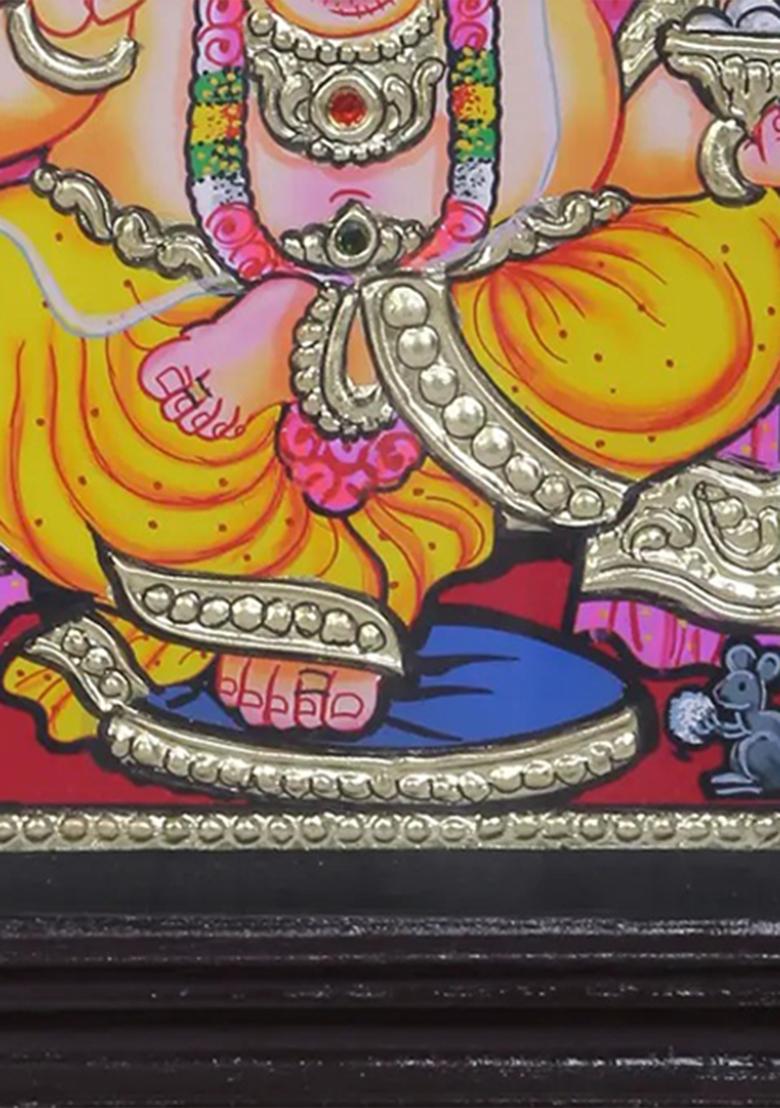 Lord Ganesha Seated On Singhasan Tanjore Painting 24K Gold