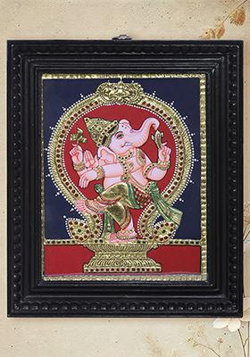 Dancing Lord Ganesha Tanjore Painting 24K Gold