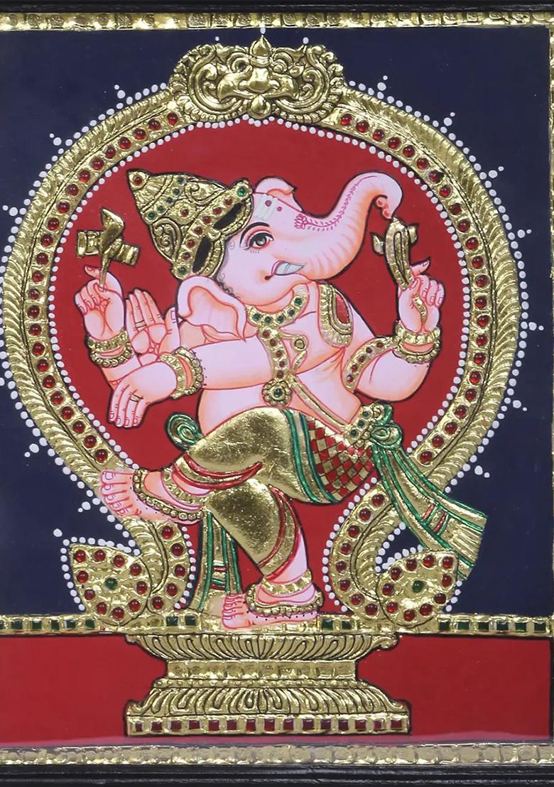 Dancing Lord Ganesha Tanjore Painting 24K Gold