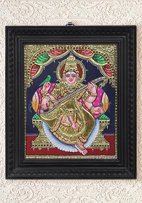 Goddess Saraswati Seated On Singhasan Tanjore Painting 24K Gold
