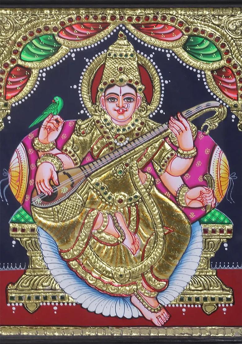 Goddess Saraswati Seated On Singhasan Tanjore Painting 24K Gold