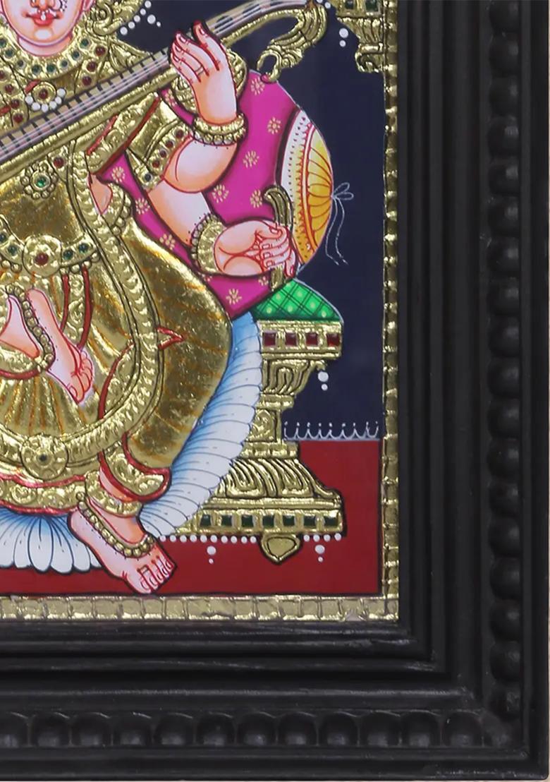 Goddess Saraswati Seated On Singhasan Tanjore Painting 24K Gold