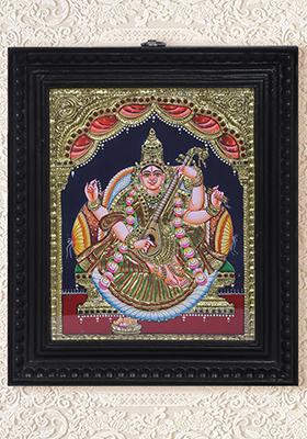 Goddess Saraswati Seated Tanjore Painting 24K Gold
