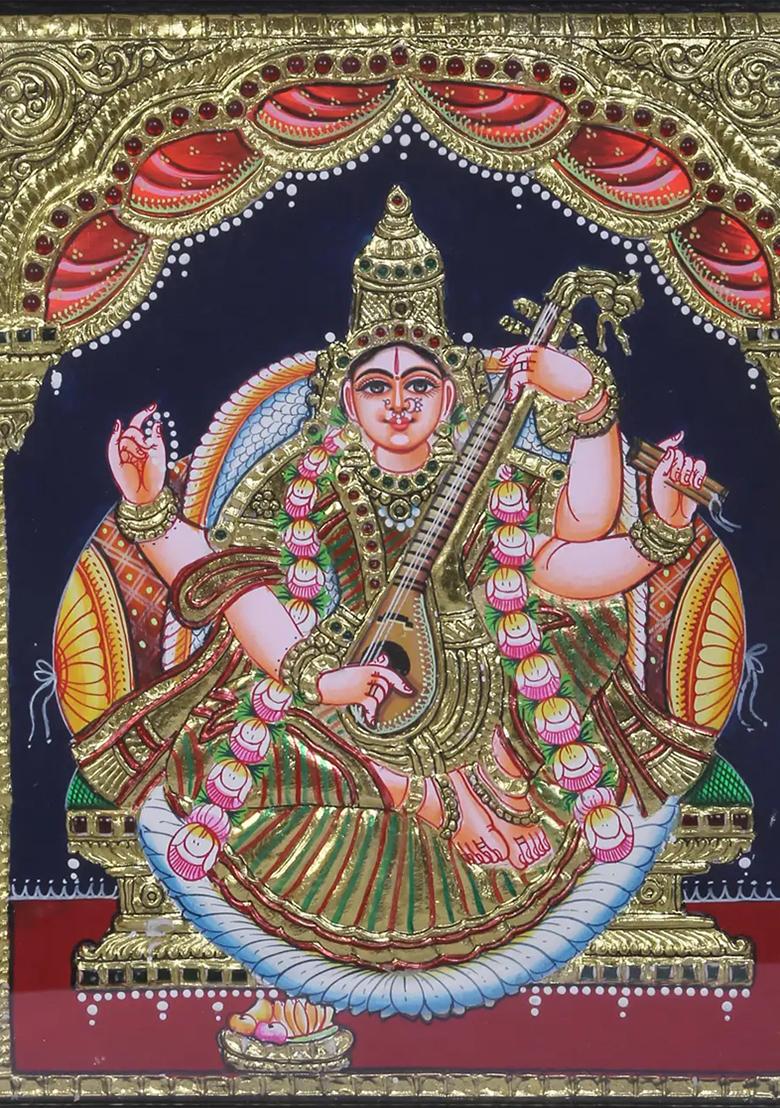 Goddess Saraswati Seated Tanjore Painting 24K Gold