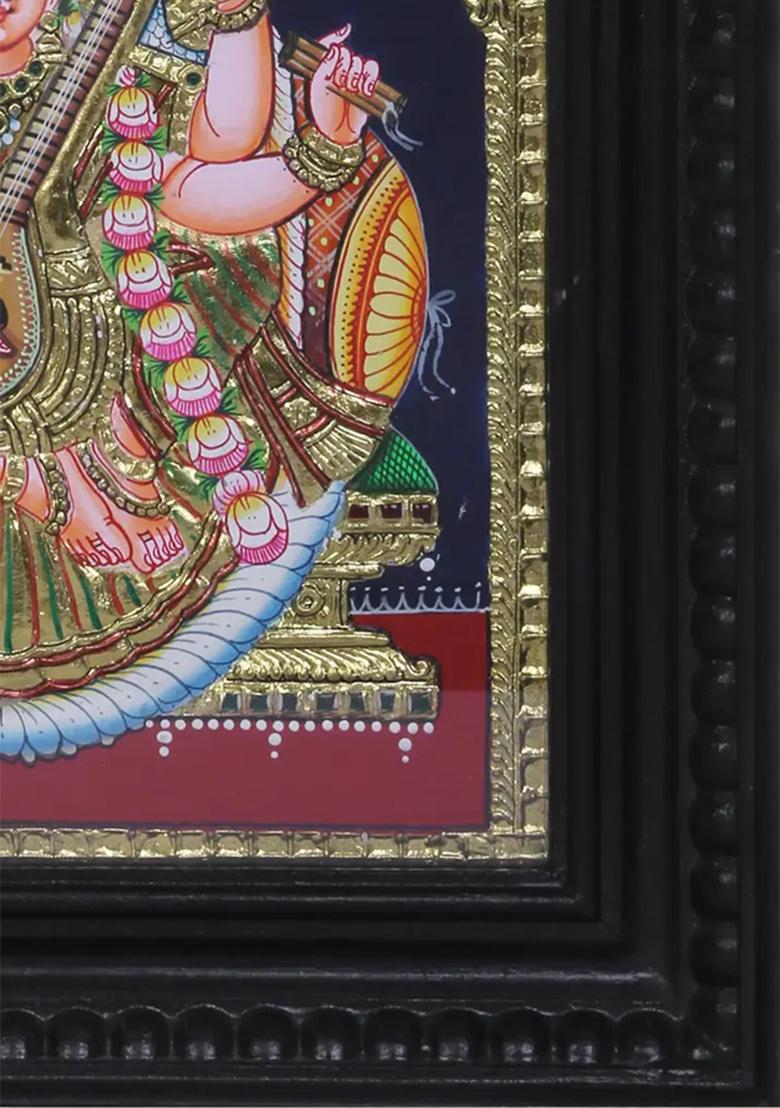 Goddess Saraswati Seated Tanjore Painting 24K Gold
