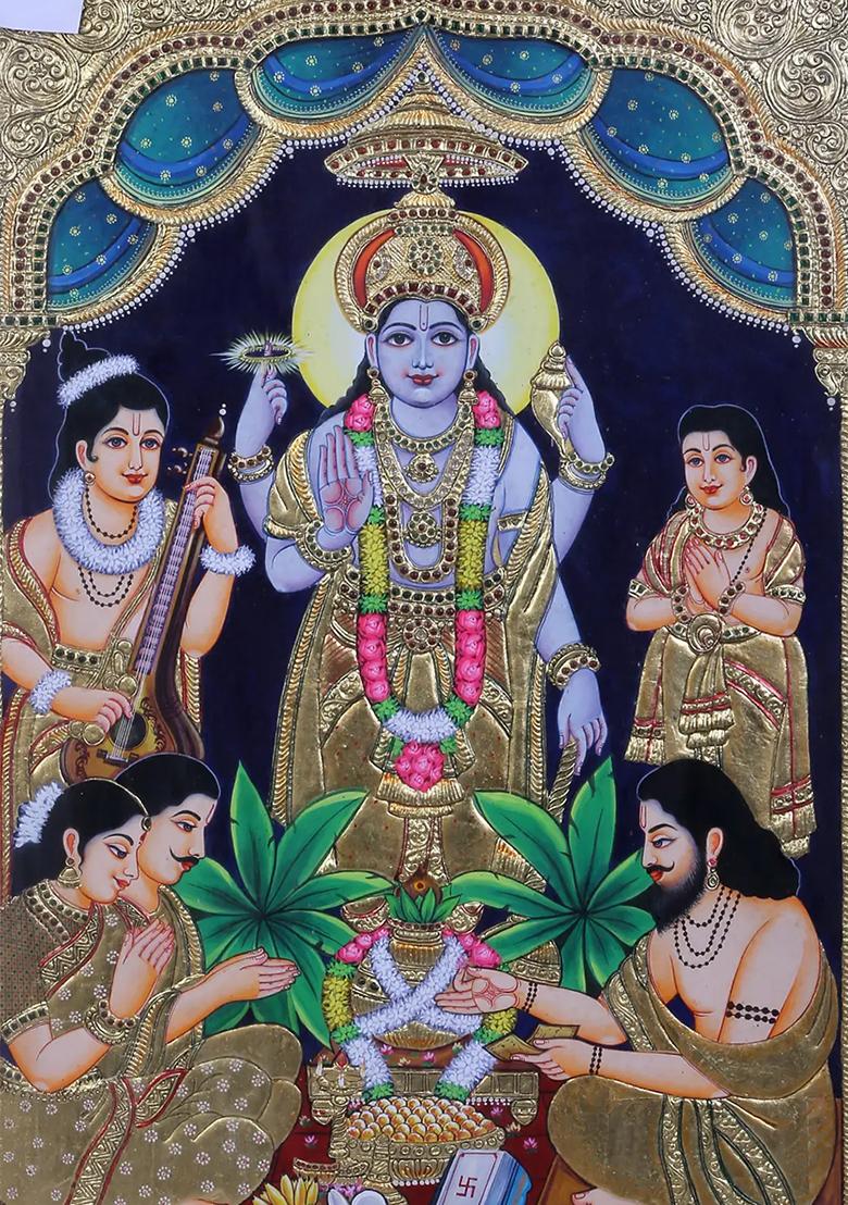 Shree Vishnu In Satya Narayan Swaroop Tanjore Painting 24K Gold