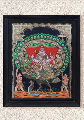 Lord Kikeya Seated With His Wife On Peacock Tanjore Painting