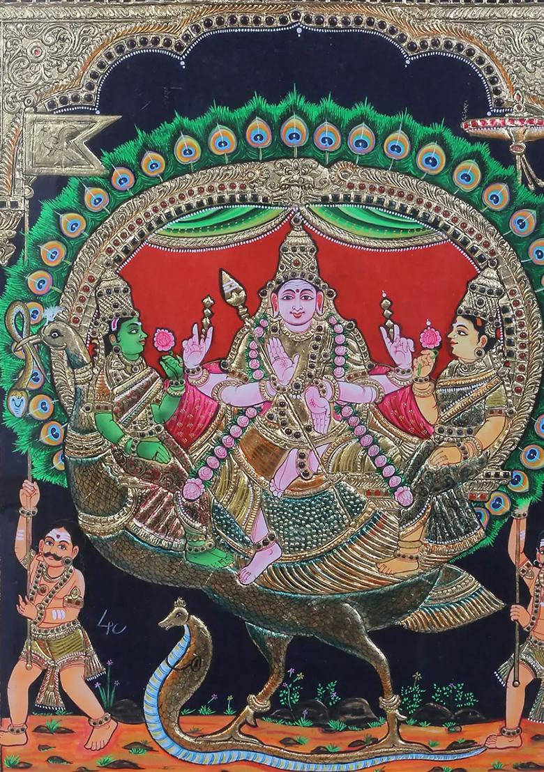 Lord Kikeya Seated With His Wife On Peacock Tanjore Painting