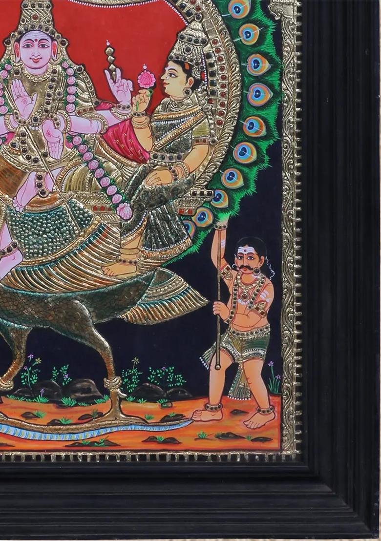 Lord Kikeya Seated With His Wife On Peacock Tanjore Painting