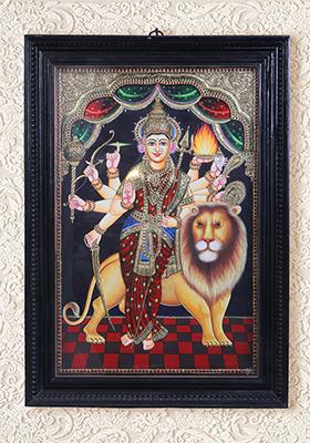 Goddess Durga Seated On Lion Tanjore Painting