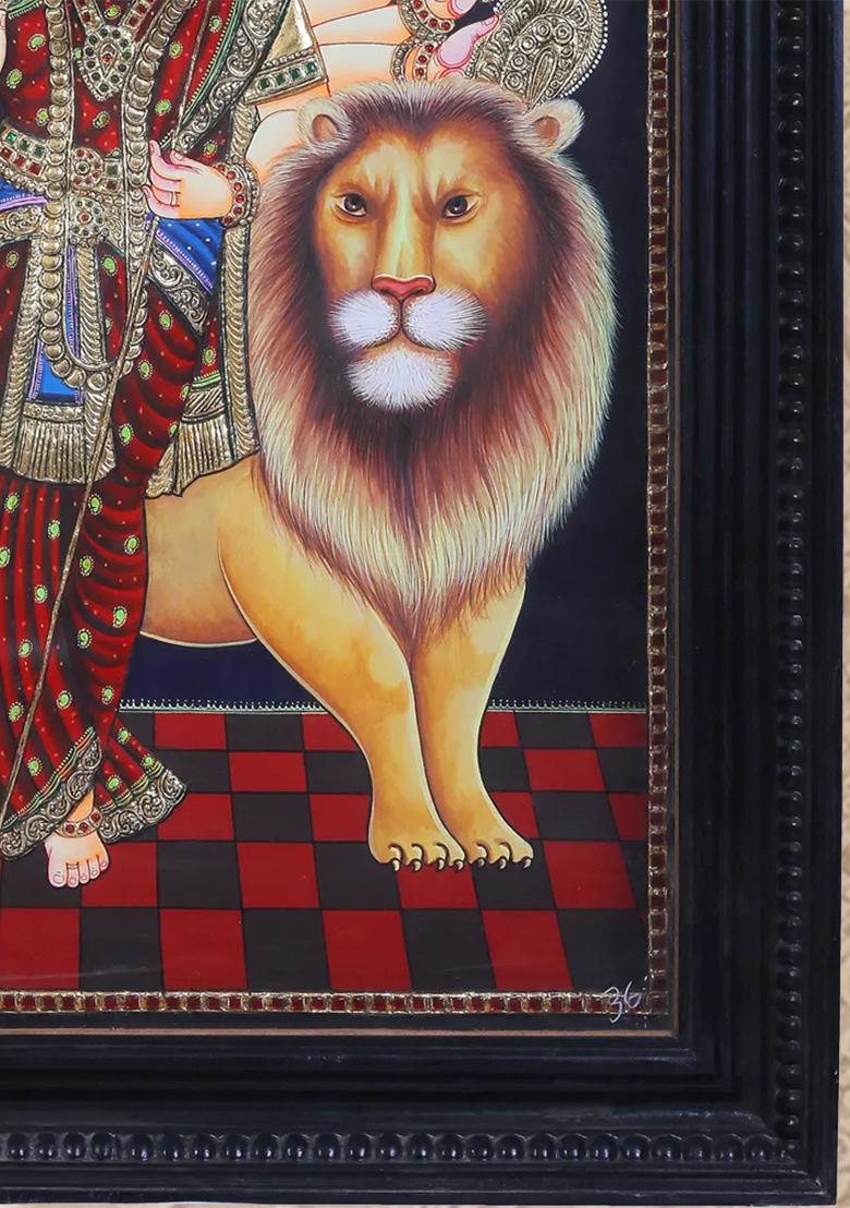 Goddess Durga Seated On Lion Tanjore Painting