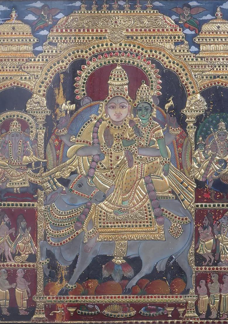 Shiva Parvati On Nandi Tanjore Painting