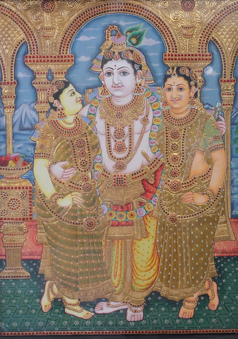 Krishna With Rukmini Satyabhama Tanjore Painting 24K Gold